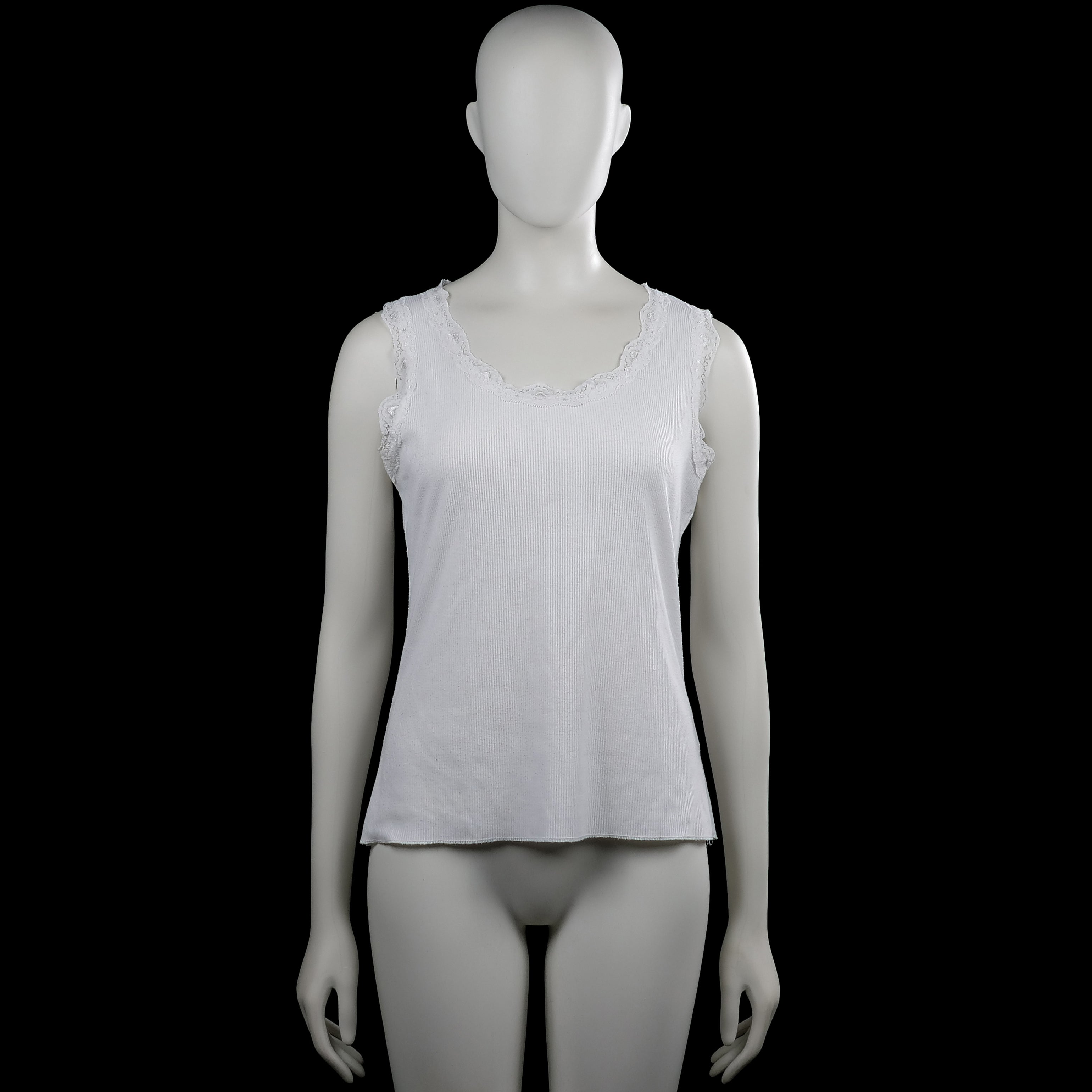 Ofelia - Tank top - White - Size L - White solid sleeveless top with a scoop neckline and lace trim along the neckline and armholes. Straight hem with no visible closures.