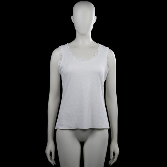 Ofelia - Tank top - White - Size L - White solid sleeveless top with a scoop neckline and lace trim along the neckline and armholes. Straight hem with no visible closures.
