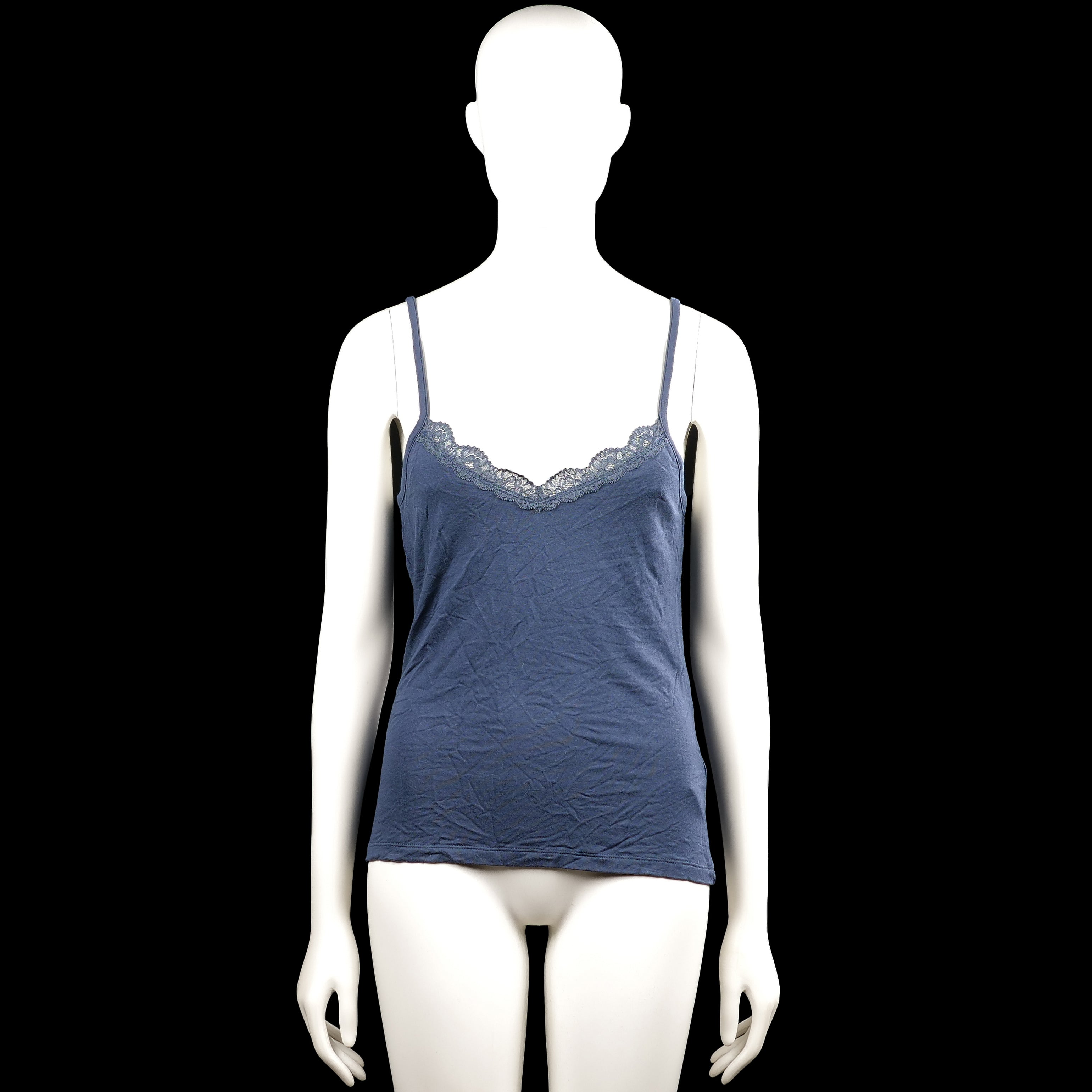 157 - Tank top - Navy - Size M - Navy solid camisole top with thin shoulder straps and a scoop neckline trimmed with lace. Straight hem with no visible closures.