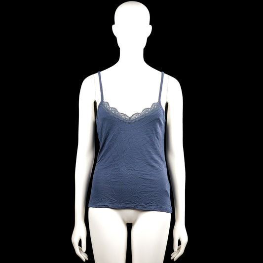 157 - Tank top - Navy - Size M - Navy solid camisole top with thin shoulder straps and a scoop neckline trimmed with lace. Straight hem with no visible closures.