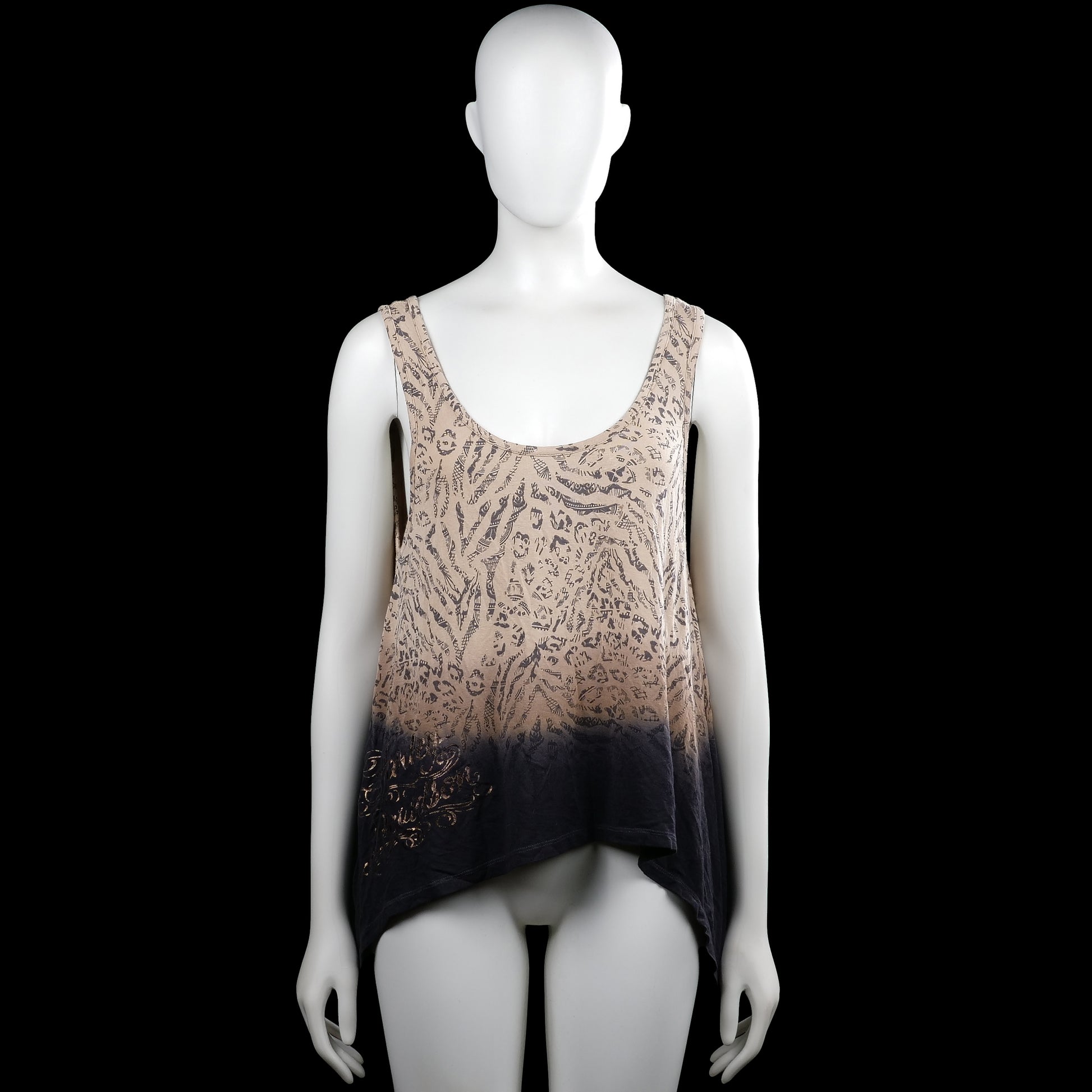 Genuine motor clothings - Tank top - Beige & Black - Size M - Beige and black sleeveless top with a scoop neckline and an allover printed pattern. Features an asymmetrical hem with a darker lower section and no visible closures.