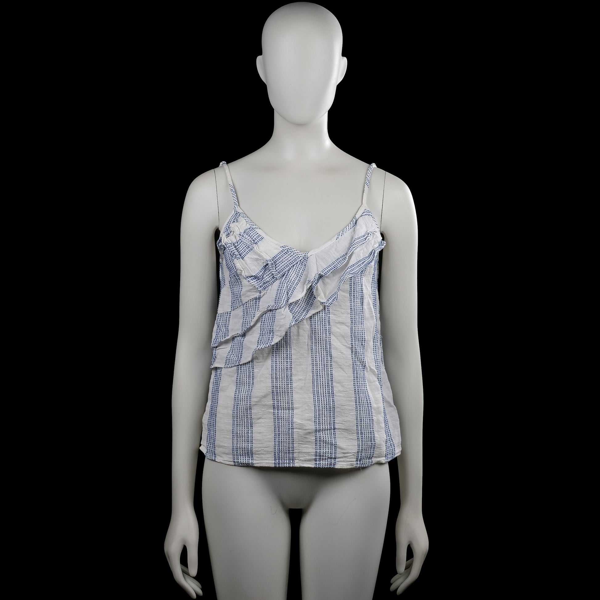 H&m logg - Tank top - White & Navy - Size 36 - White and navy striped camisole top with spaghetti straps and a V-neckline. Features a ruffled front detail and a straight hem.