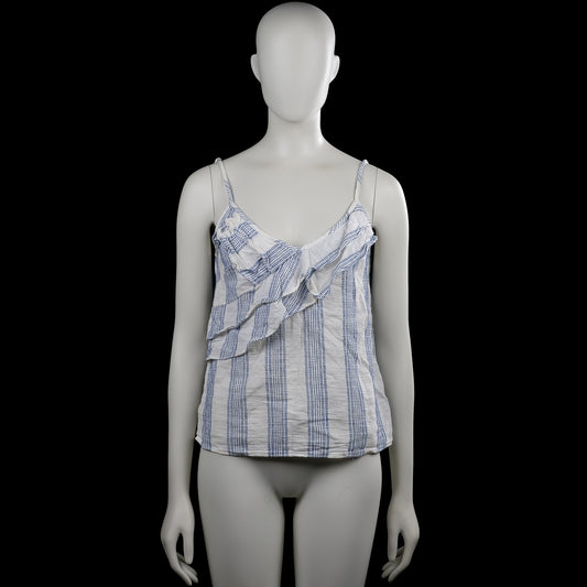 H&m logg - Tank top - White & Navy - Size 36 - White and navy striped camisole top with spaghetti straps and a V-neckline. Features a ruffled front detail and a straight hem.