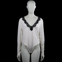 H&M - Bodysuit - White & Black - Size XL - White solid long-sleeve top with a V-neck trimmed in black lace. Straight hem and plain cuffs.