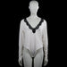 H&M - Bodysuit - White & Black - Size XL - White solid long-sleeve top with a V-neck trimmed in black lace. Straight hem and plain cuffs.