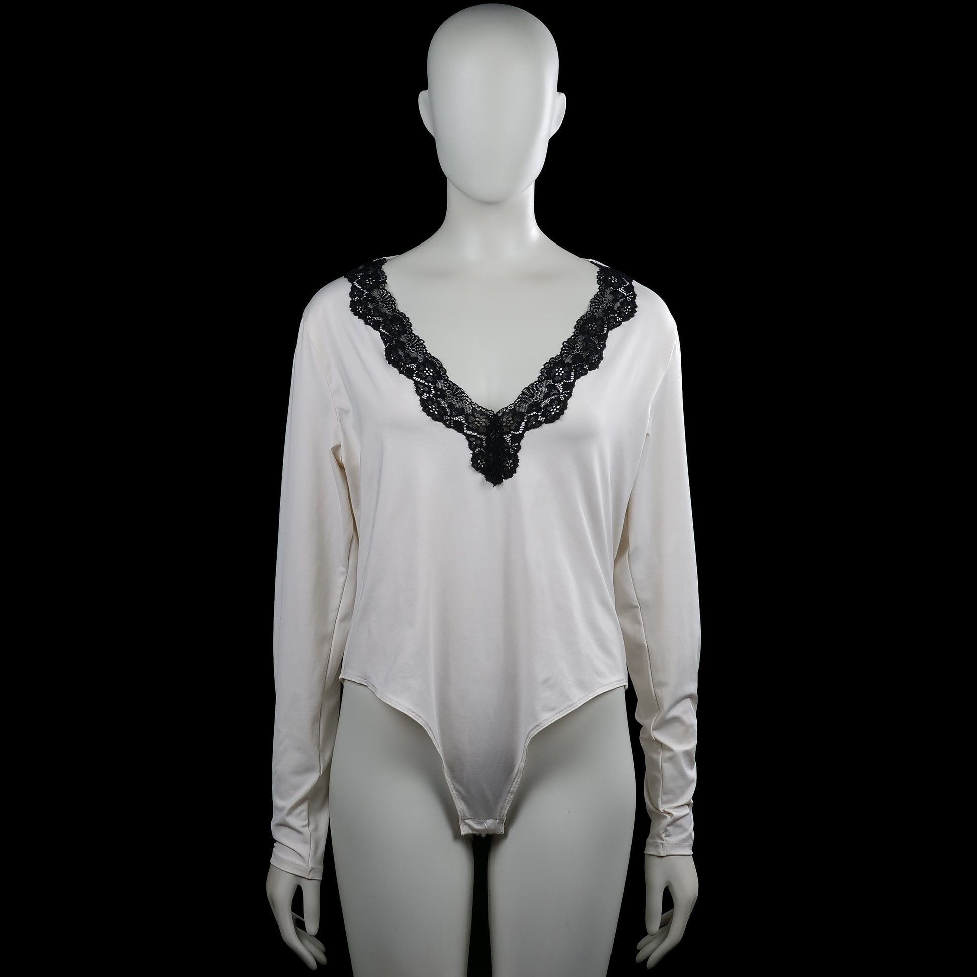 H&M - Bodysuit - White & Black - Size XL - White solid long-sleeve top with a V-neck trimmed in black lace. Straight hem and plain cuffs.