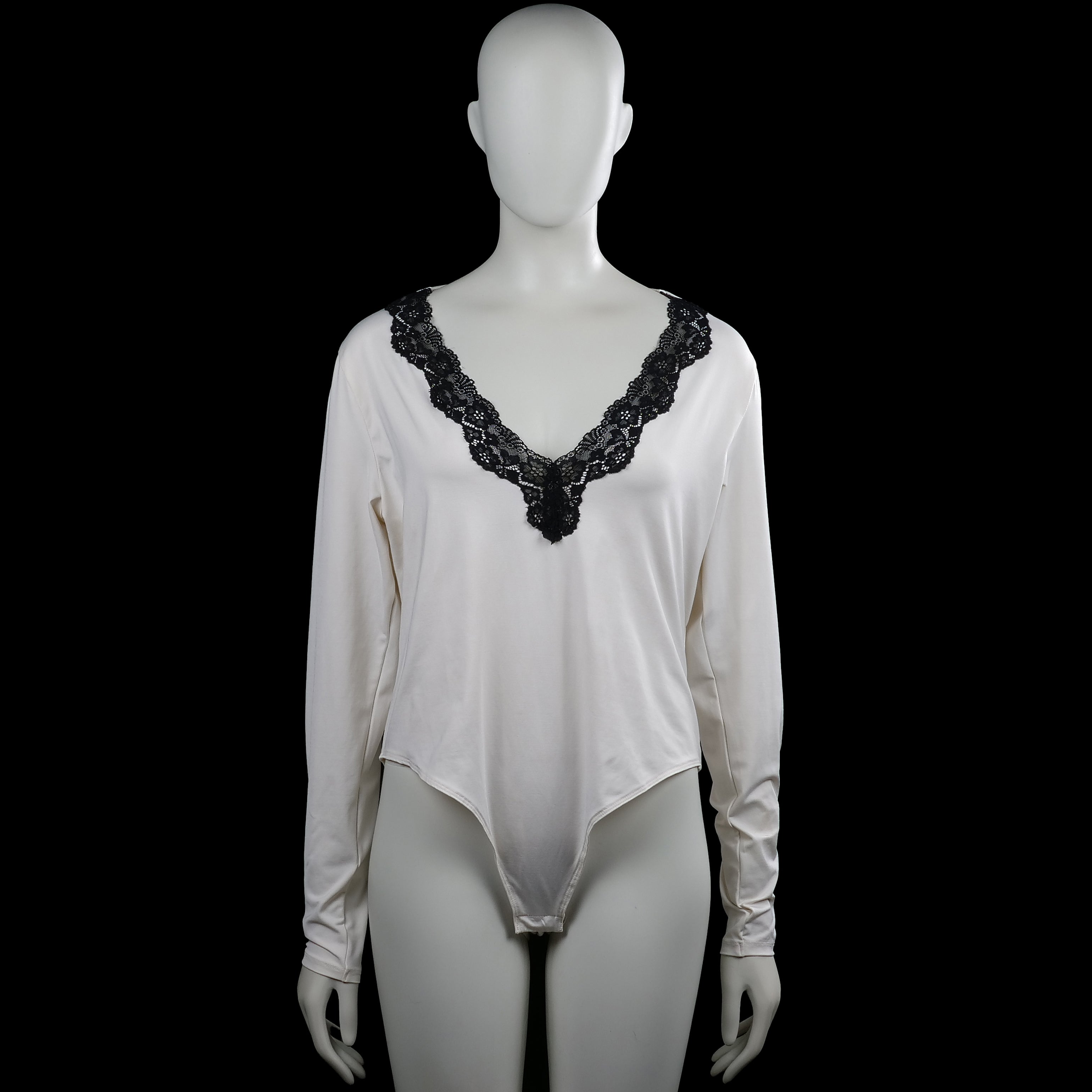 H&M - Bodysuit - White & Black - Size XL - White solid long-sleeve top with a V-neck trimmed in black lace. Straight hem and plain cuffs.