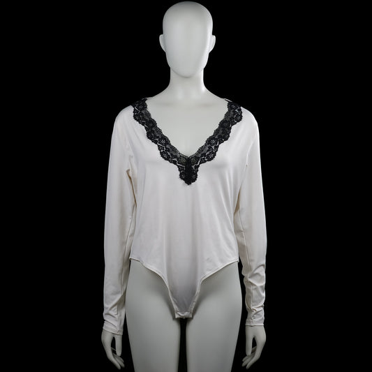 H&M - Bodysuit - White & Black - Size XL - White solid long-sleeve top with a V-neck trimmed in black lace. Straight hem and plain cuffs.