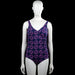 Tweka - Bodysuit - Navy & Purple - Size 44 - Navy sleeveless bodysuit with a purple swirl print and a V-neckline. Features a deep scoop back, side ruching, plain cuffs, and a straight hem.
