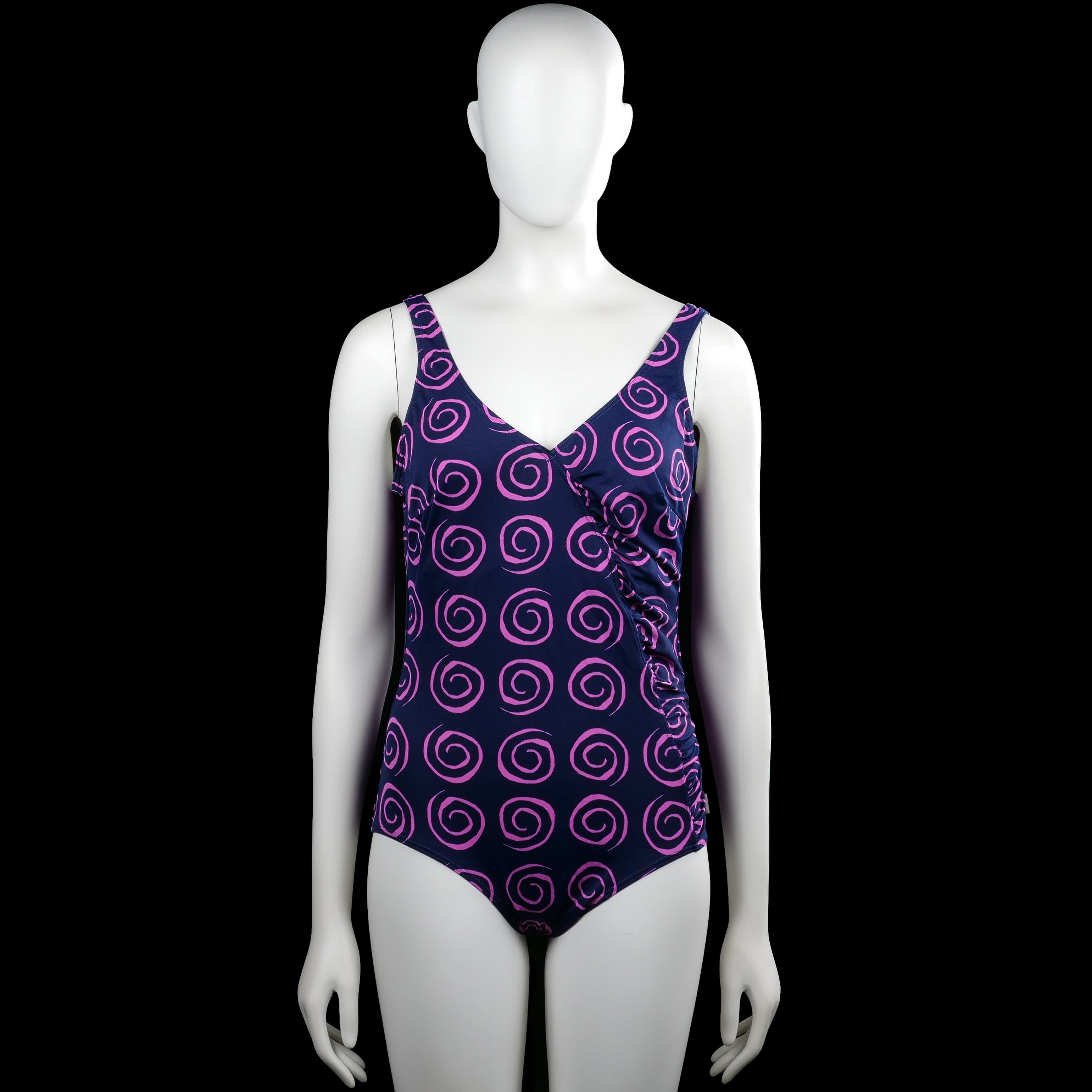 Tweka - Bodysuit - Navy & Purple - Size 44 - Navy sleeveless bodysuit with a purple swirl print and a V-neckline. Features a deep scoop back, side ruching, plain cuffs, and a straight hem.