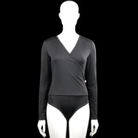 Shein - Bodysuit - Charcoal - Size S - Charcoal solid long-sleeve bodysuit with a V-neck wrap-style front and a visible side button detail. Curved hem with plain cuffs.