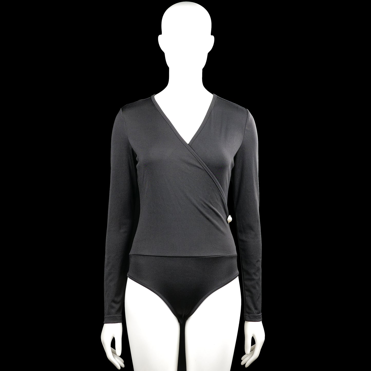 Shein - Bodysuit - Charcoal - Size S - Charcoal solid long-sleeve bodysuit with a V-neck wrap-style front and a visible side button detail. Curved hem with plain cuffs.