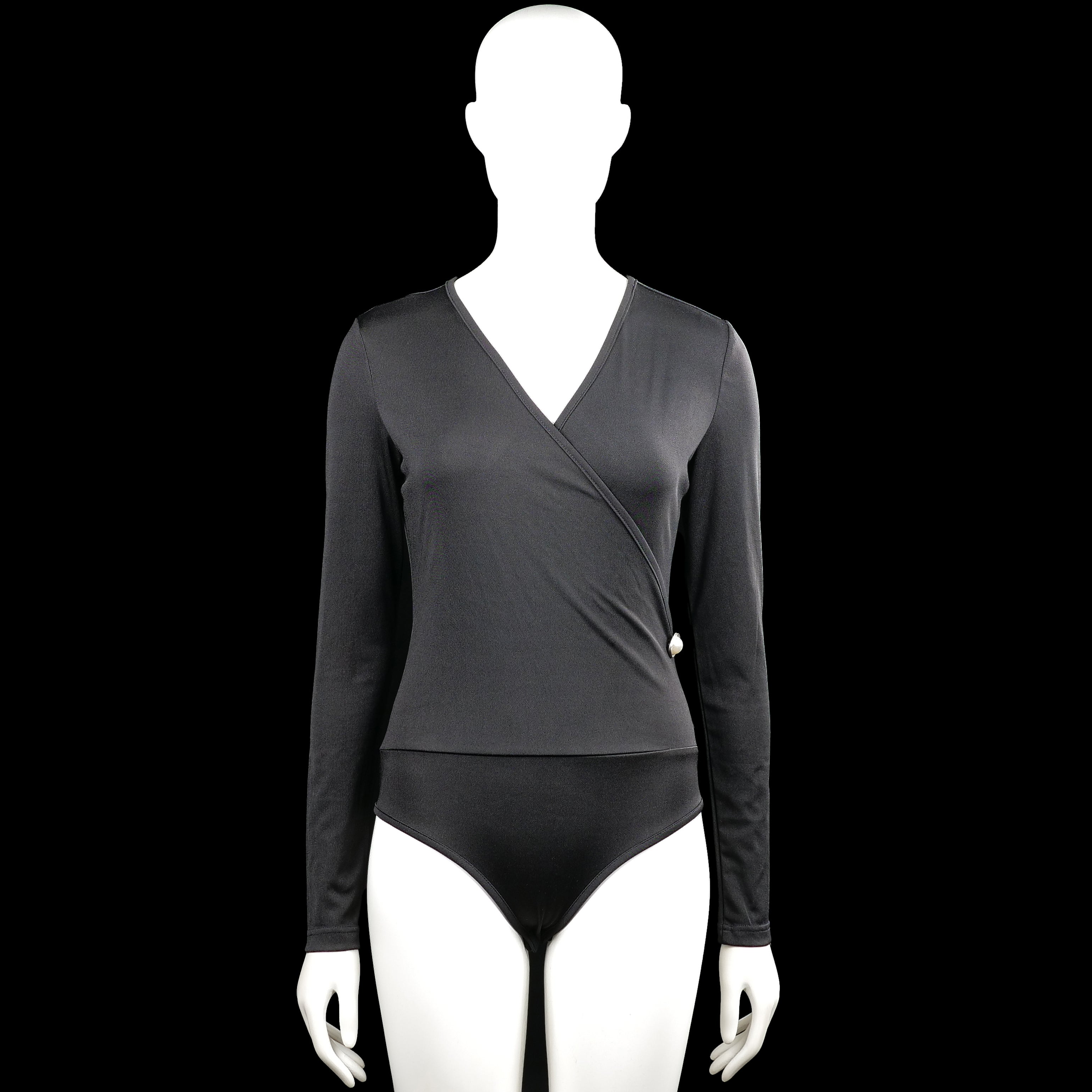 Shein - Bodysuit - Charcoal - Size S - Charcoal solid long-sleeve bodysuit with a V-neck wrap-style front and a visible side button detail. Curved hem with plain cuffs.