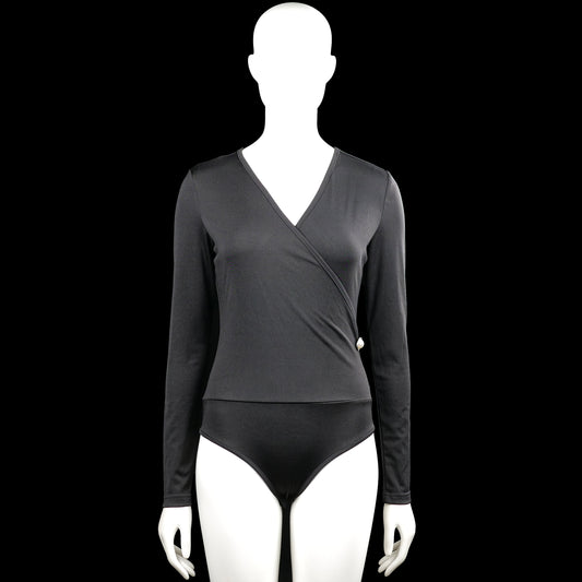 Shein - Bodysuit - Charcoal - Size S - Charcoal solid long-sleeve bodysuit with a V-neck wrap-style front and a visible side button detail. Curved hem with plain cuffs.