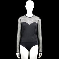 Amisu - Bodysuit - Black & Light Gray - Size M - Black and light gray dotted bodysuit with a round neck and long sleeves. Features a back keyhole opening with a button closure, plain cuffs, and a straight hem.