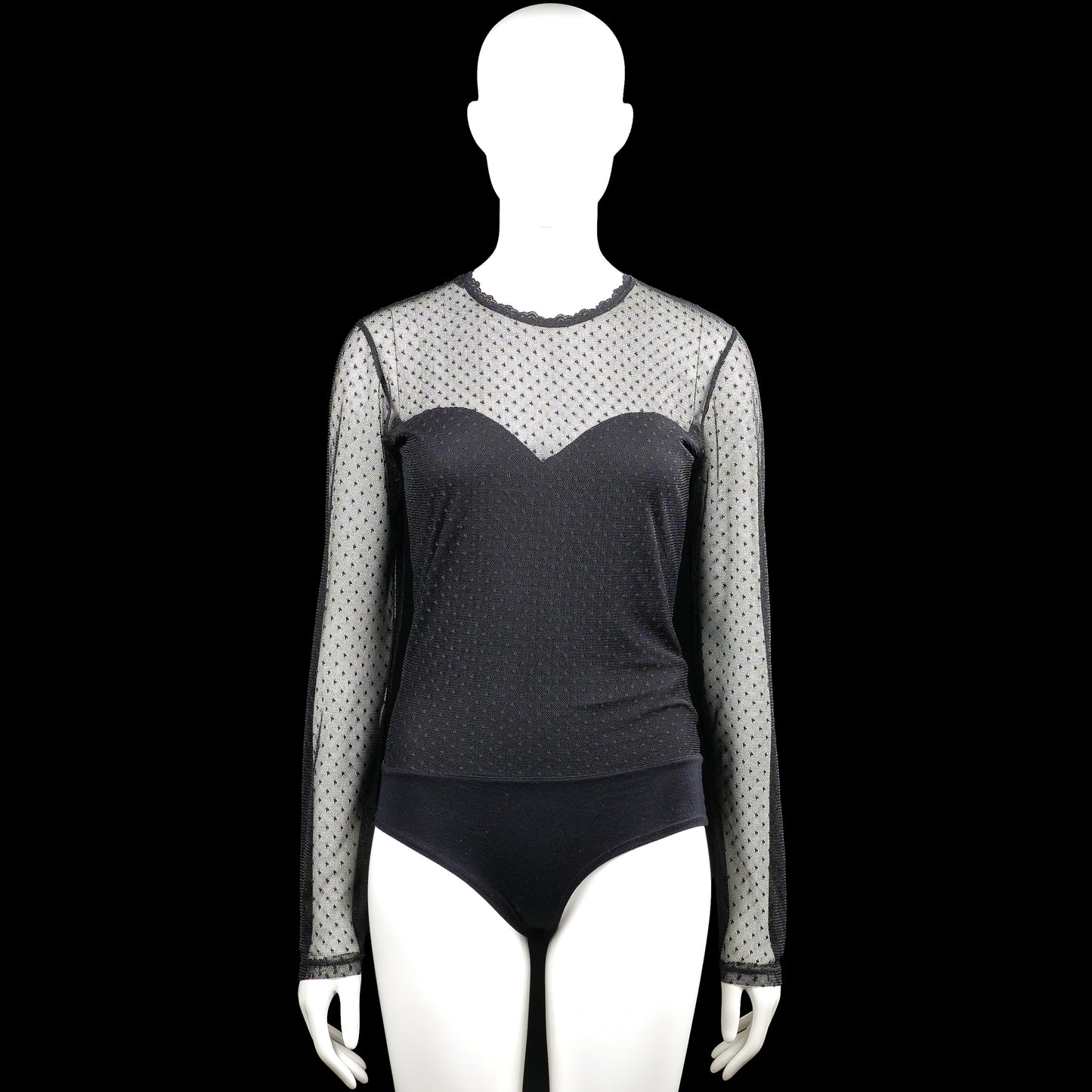 Amisu - Bodysuit - Black & Light Gray - Size M - Black and light gray dotted bodysuit with a round neck and long sleeves. Features a back keyhole opening with a button closure, plain cuffs, and a straight hem.