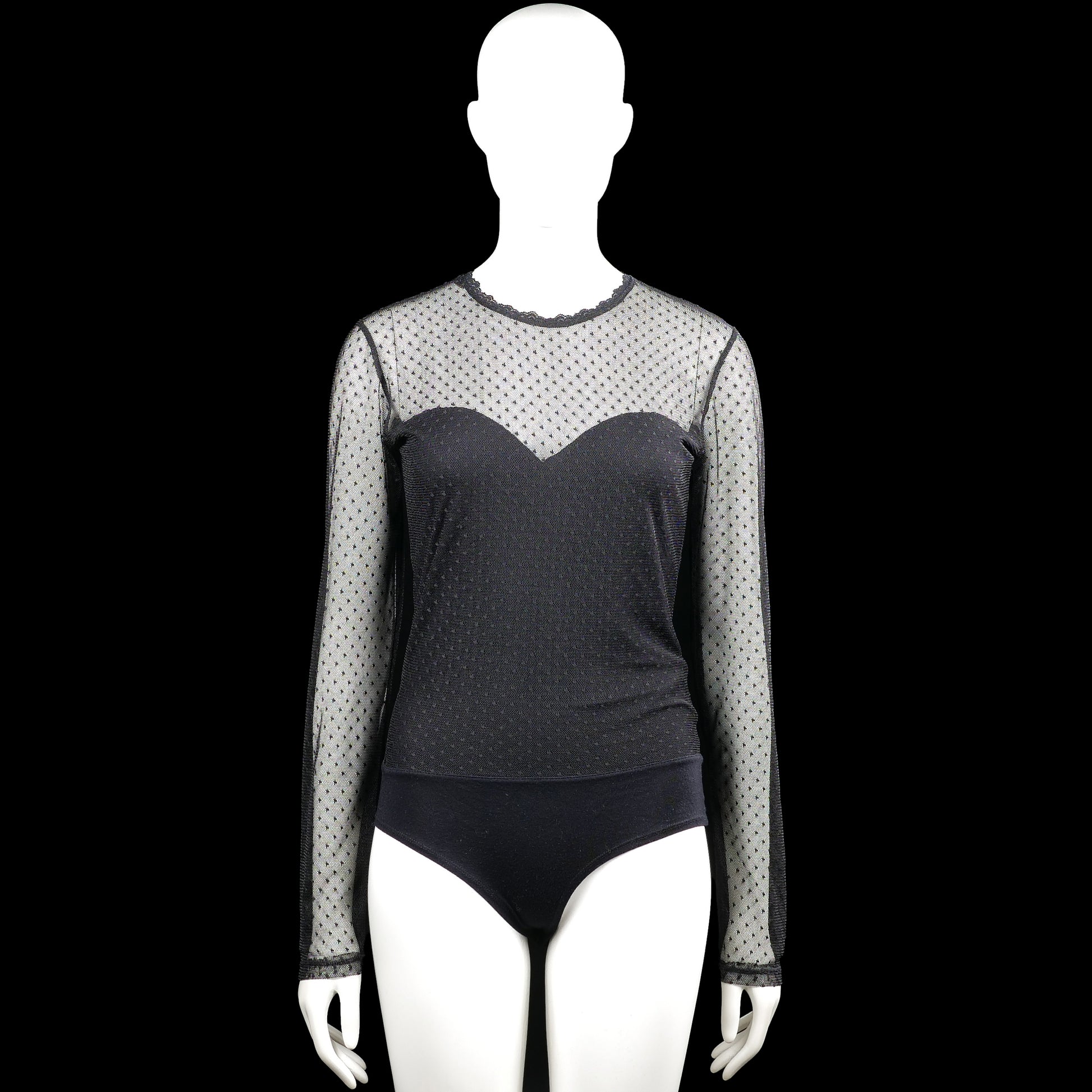 Amisu - Bodysuit - Black & Light Gray - Size M - Black and light gray dotted bodysuit with a round neck and long sleeves. Features a back keyhole opening with a button closure, plain cuffs, and a straight hem.