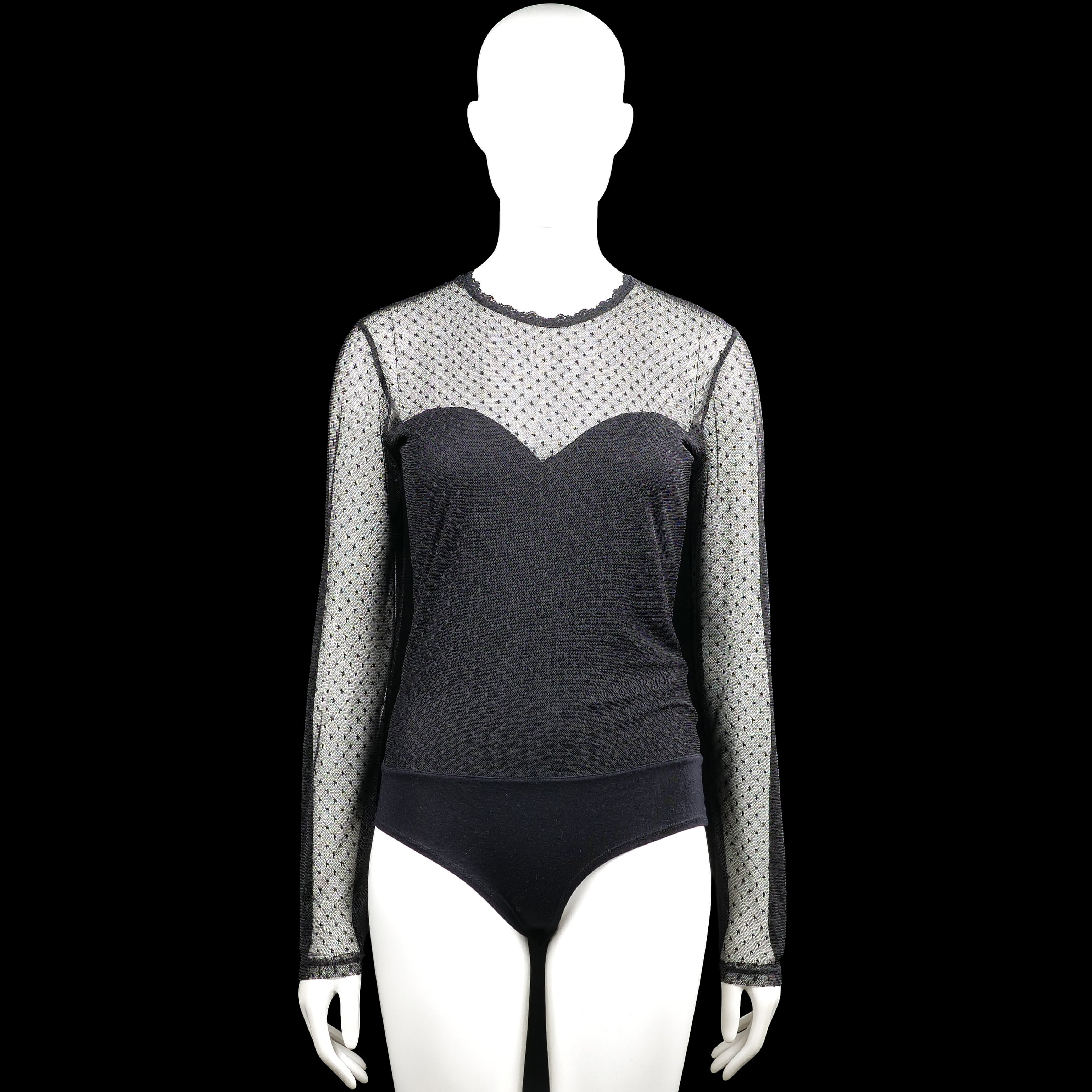 Amisu - Bodysuit - Black & Light Gray - Size M - Black and light gray dotted bodysuit with a round neck and long sleeves. Features a back keyhole opening with a button closure, plain cuffs, and a straight hem.