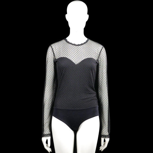 Amisu - Bodysuit - Black & Light Gray - Size M - Black and light gray dotted bodysuit with a round neck and long sleeves. Features a back keyhole opening with a button closure, plain cuffs, and a straight hem.