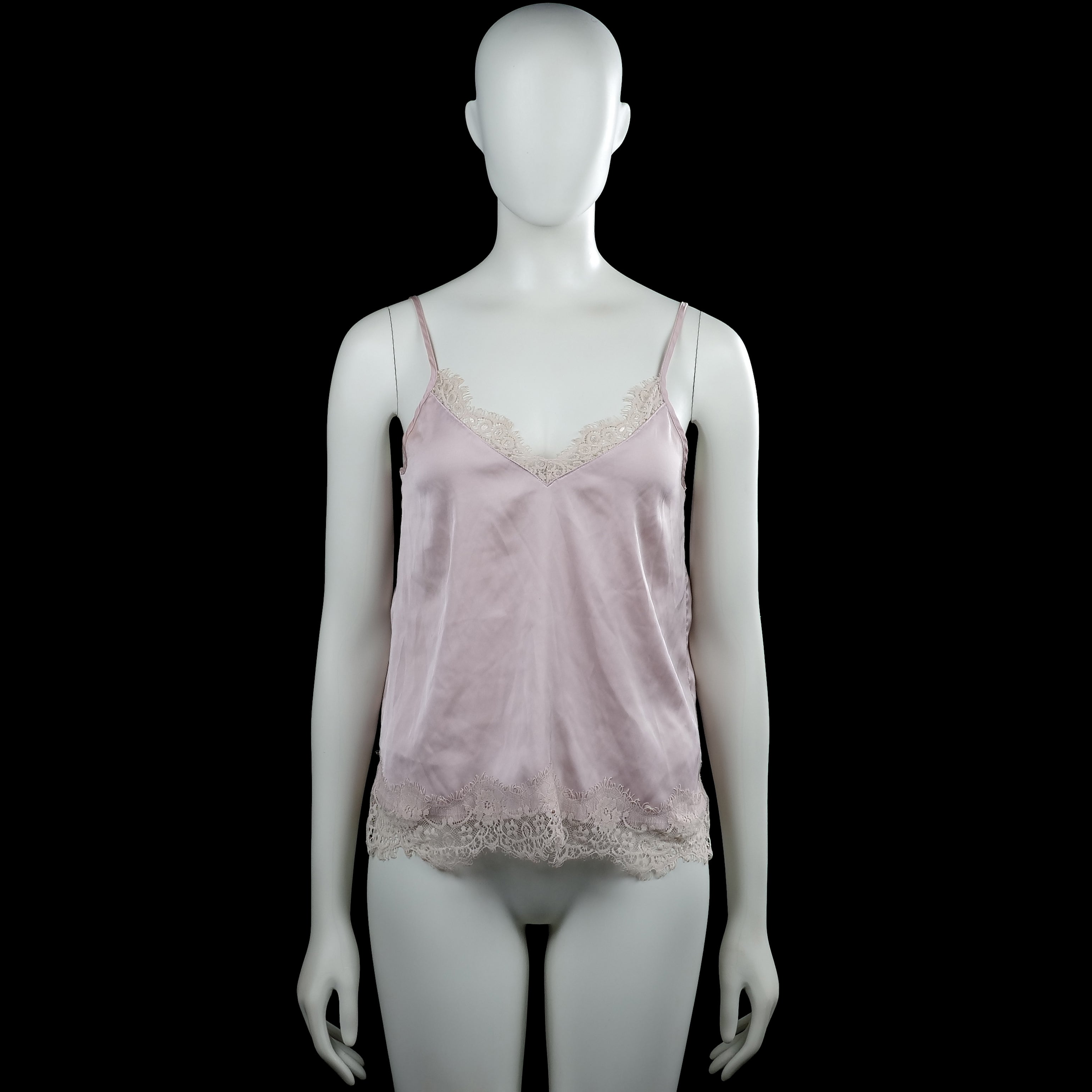 H&M Divided - Tank top - Light Pink & Ivory - Size 36 - Light pink solid camisole with thin shoulder straps and a V-neckline with ivory lace trim. Features an ivory lace-trim straight hem.