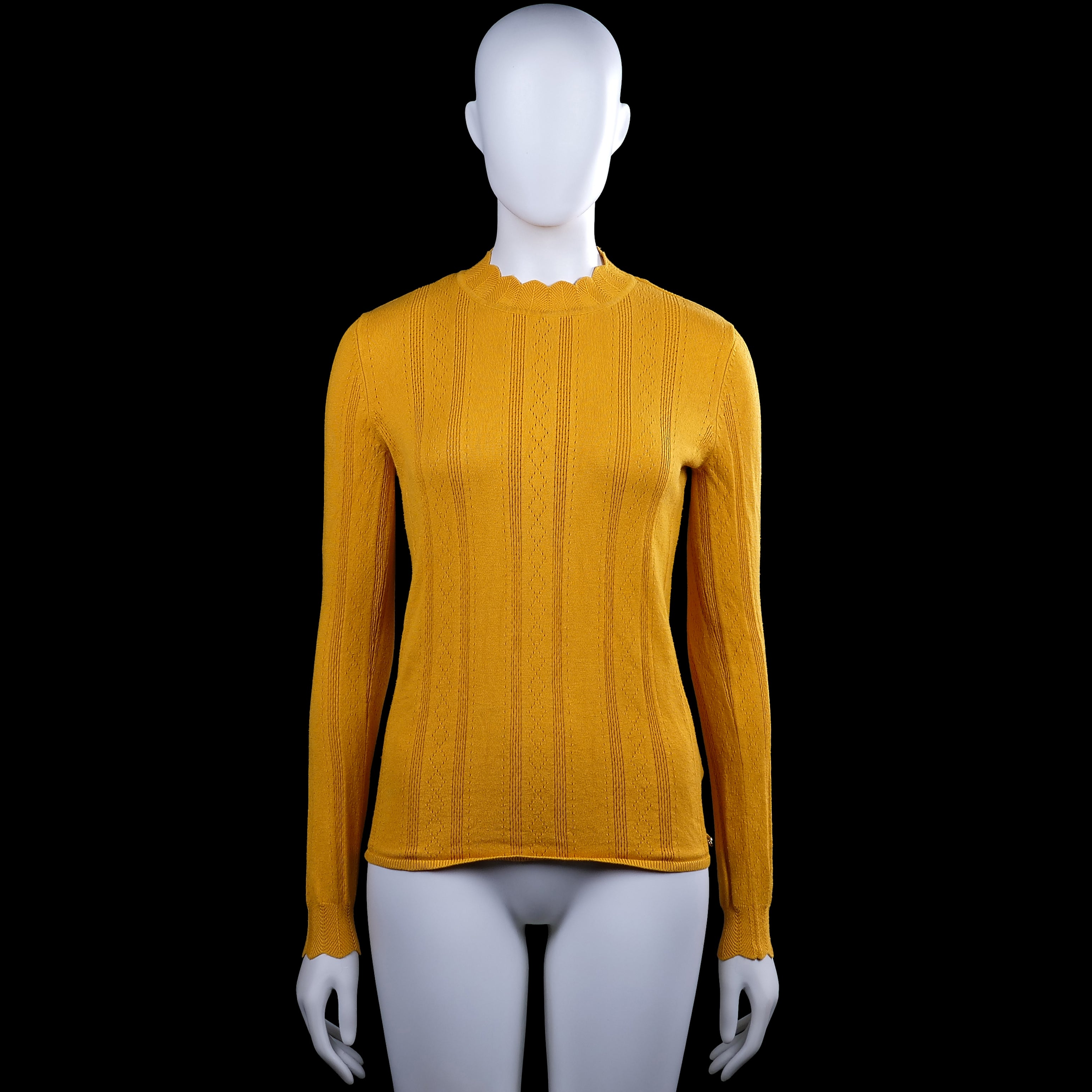 Tom tailor - Sweater - Mustard - Size XS - Mustard long-sleeve top with a high scalloped neckline and vertical striped texture. Straight hem and scalloped cuffs.
