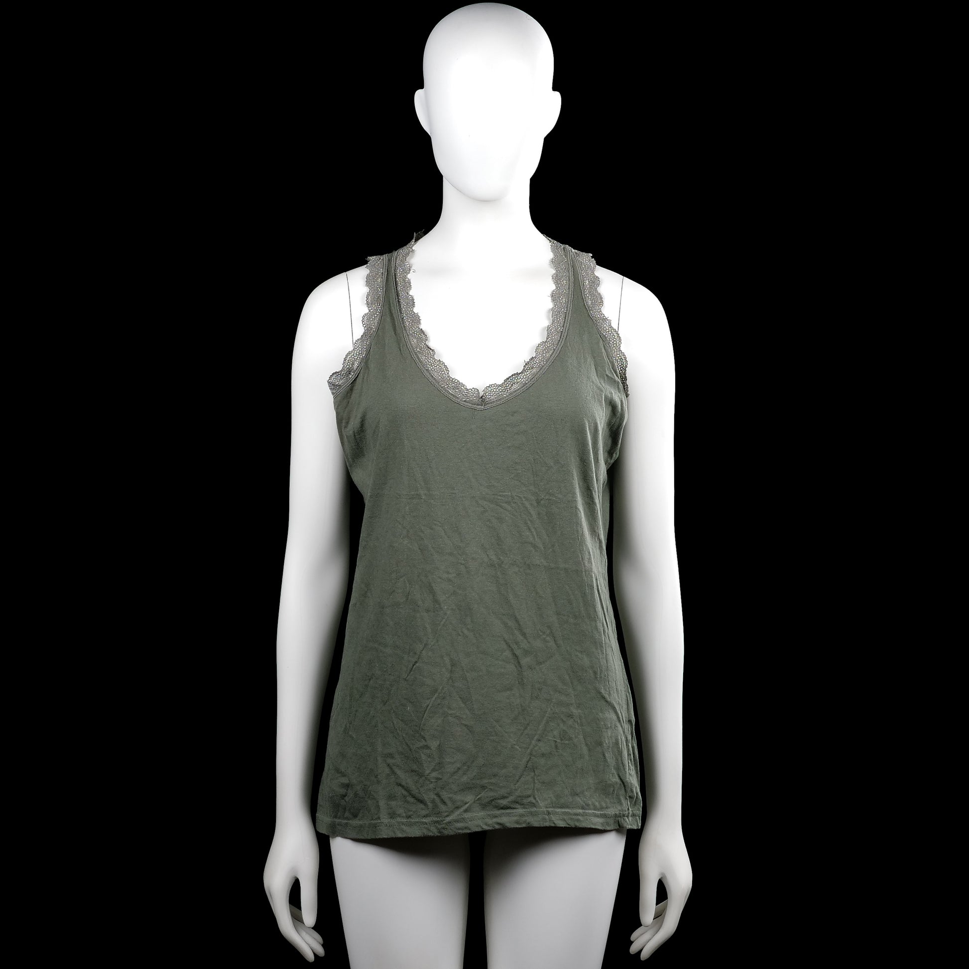 Zeeman - Tank top - Olive & Gray - Size L - Olive sleeveless top with a scoop neckline and gray lace trim along the neckline and armholes. Features a straight hem.