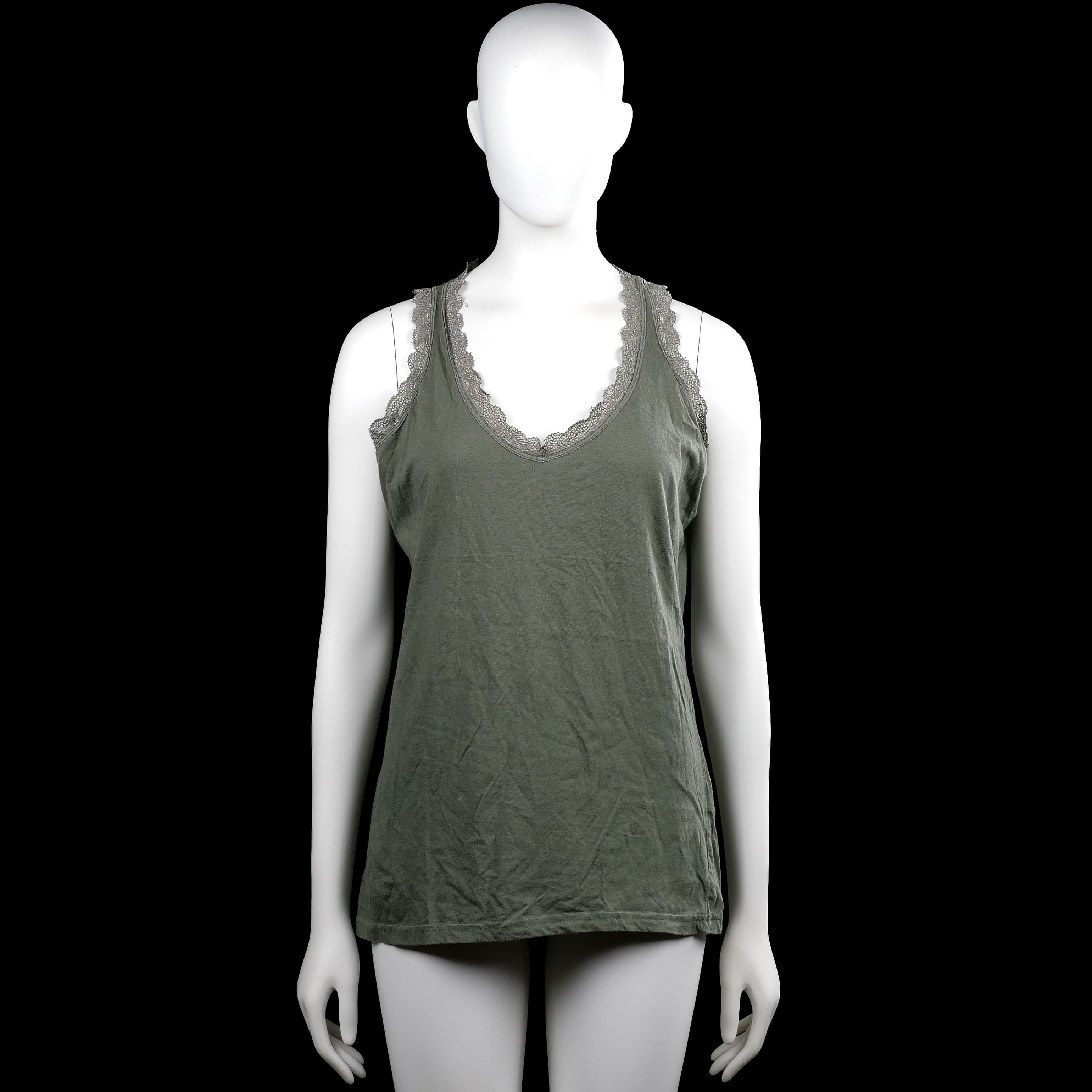 Zeeman - Tank top - Olive & Gray - Size L - Olive sleeveless top with a scoop neckline and gray lace trim along the neckline and armholes. Features a straight hem.