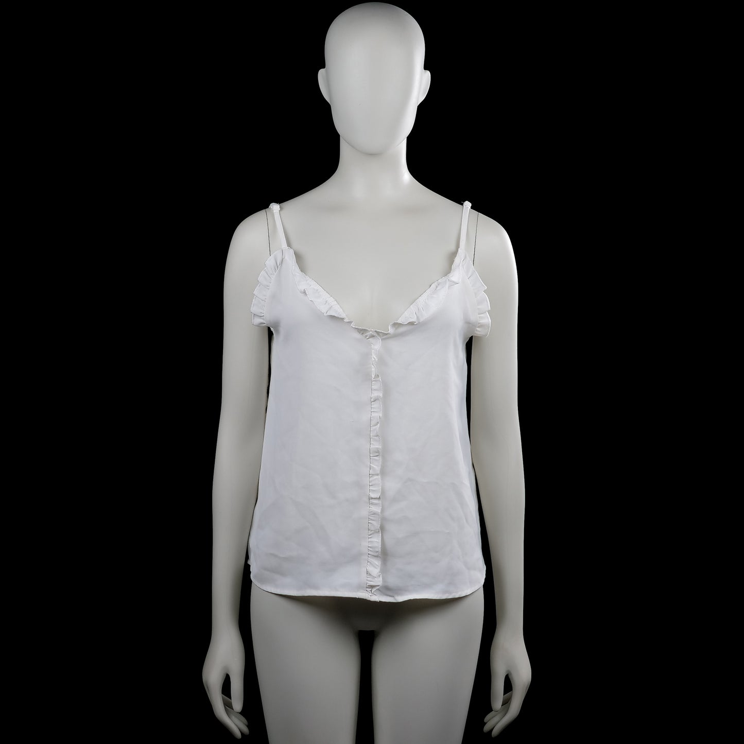 Shein - Tank top - White - Size S - White solid camisole with spaghetti straps and a V-neckline. Features ruffle trim along the neckline and center front, with a curved hem.
