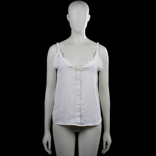 Shein - Tank top - White - Size S - White solid camisole with spaghetti straps and a V-neckline. Features ruffle trim along the neckline and center front, with a curved hem.