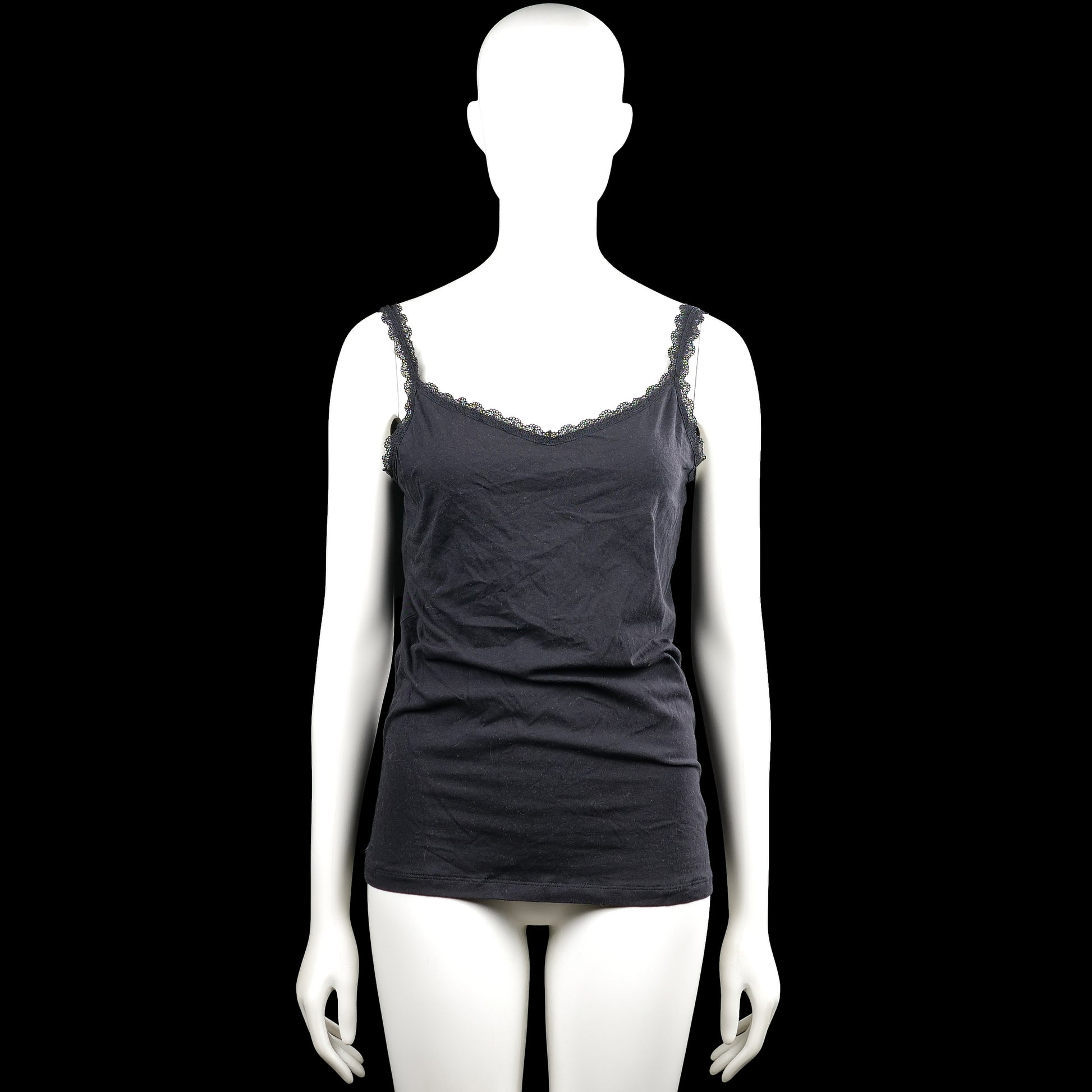 Hema - Tank top - Black - Size L - Black solid camisole with lace-trim shoulder straps and a scoop neckline. Features a straight hem.