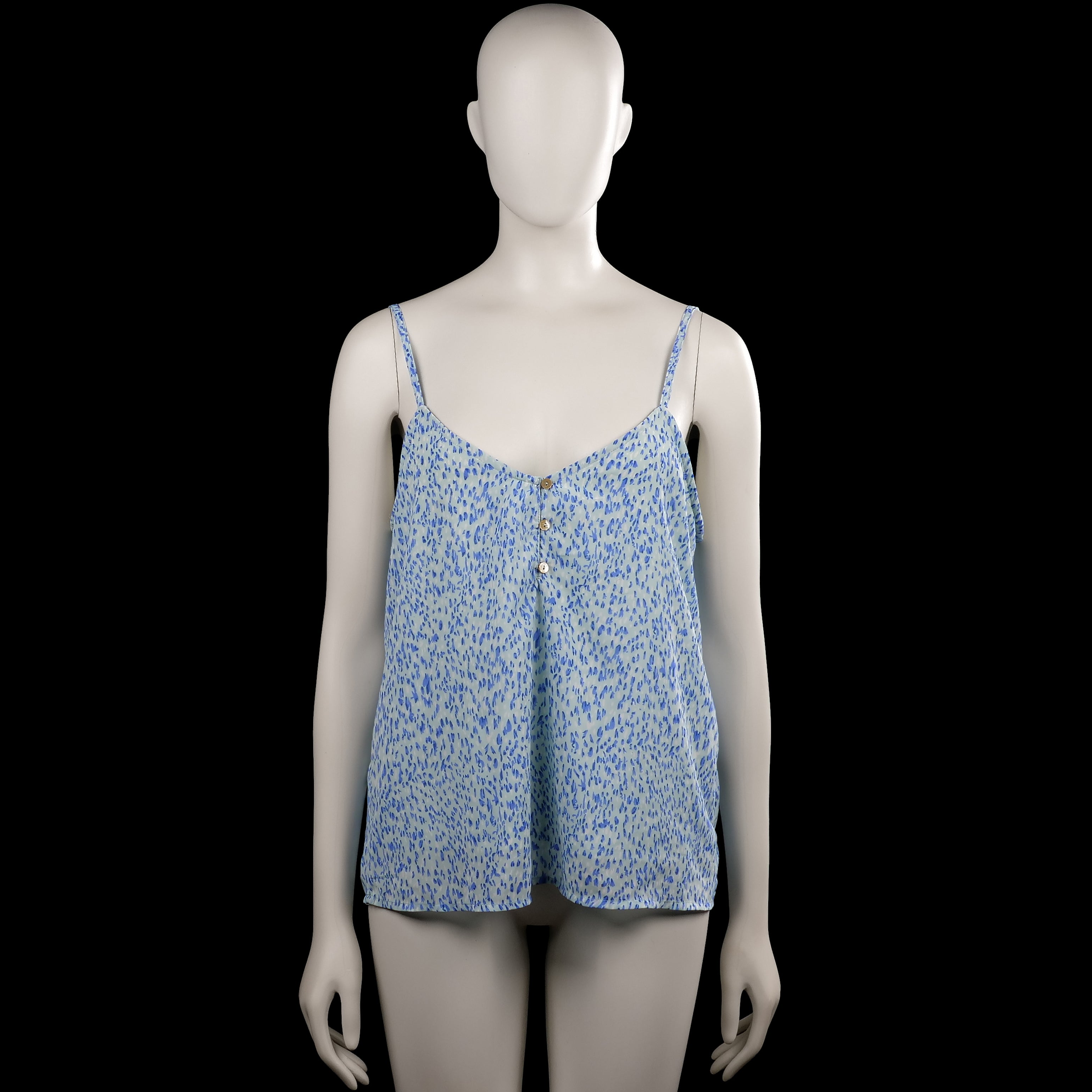 Only - Tank top - Light Blue & Royal Blue - Size M - Light blue camisole top with a royal blue all-over print and thin shoulder straps. Features a V-neckline with a button-front placket and a straight hem.