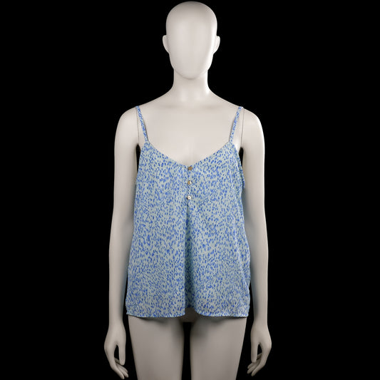 Only - Tank top - Light Blue & Royal Blue - Size M - Light blue camisole top with a royal blue all-over print and thin shoulder straps. Features a V-neckline with a button-front placket and a straight hem.
