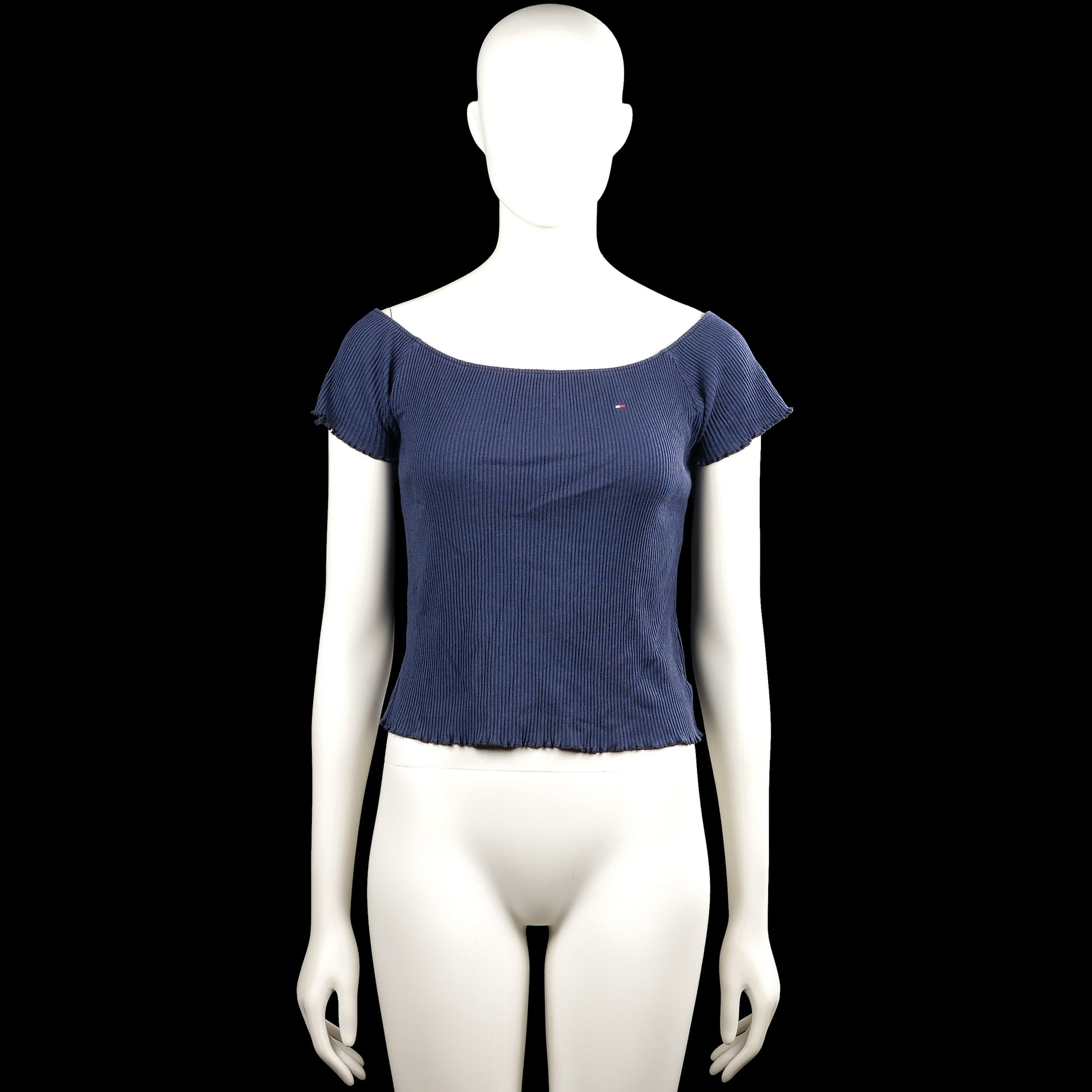 Tommy Hilfiger - T-shirt - Navy - Size 164 - Navy solid ribbed top with a wide boat neckline and short sleeves. Straight hem and plain sleeve cuffs.