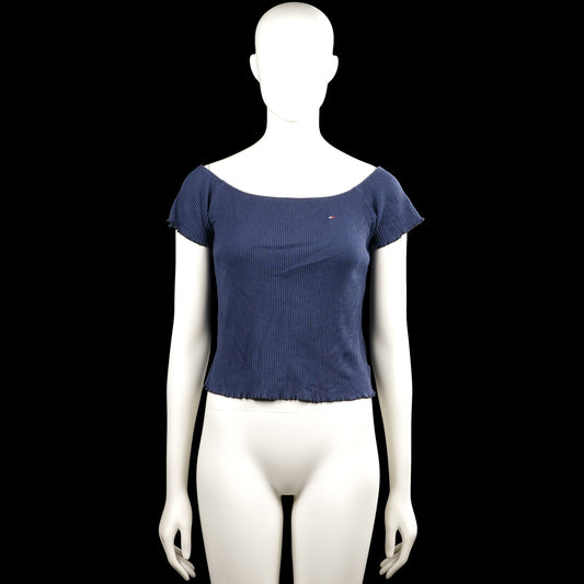 Tommy Hilfiger - T-shirt - Navy - Size 164 - Navy solid ribbed top with a wide boat neckline and short sleeves. Straight hem and plain sleeve cuffs.