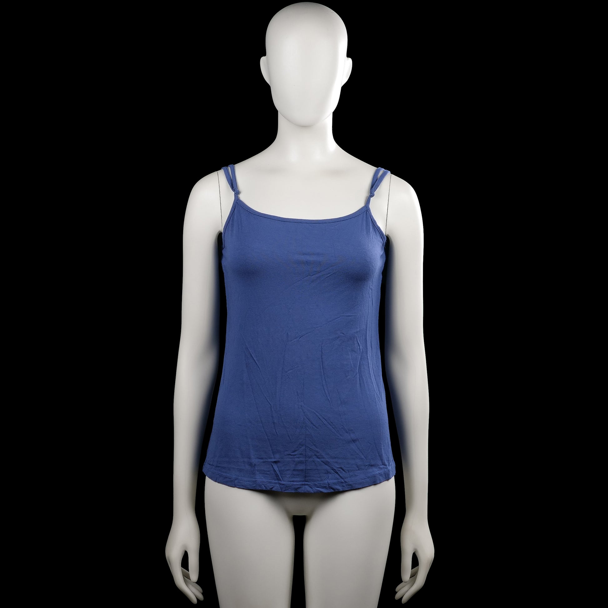 Tank top - Denim Blue - Size S - Solid denim blue spaghetti-strap top with a scoop neckline and adjustable shoulder straps. Straight hem with no visible closures.