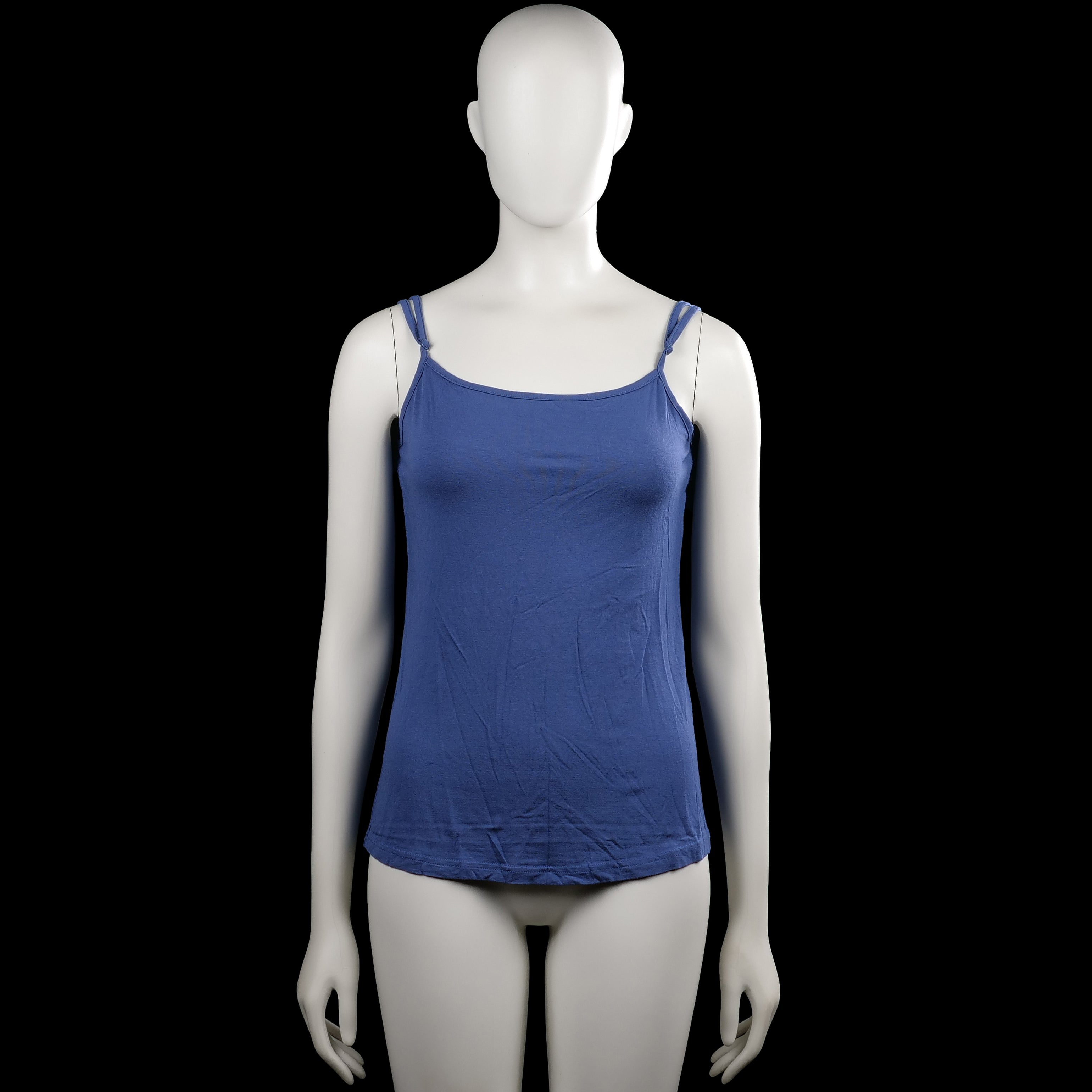 Tank top - Denim Blue - Size S - Solid denim blue spaghetti-strap top with a scoop neckline and adjustable shoulder straps. Straight hem with no visible closures.