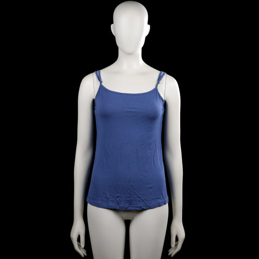 Tank top - Denim Blue - Size S - Solid denim blue spaghetti-strap top with a scoop neckline and adjustable shoulder straps. Straight hem with no visible closures.