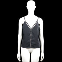 H&M - Tank top - Charcoal - Size 42 - Charcoal solid sleeveless camisole with thin shoulder straps and a V-neckline. Features metal ring trim along the neckline and center front, and an asymmetrical hem.