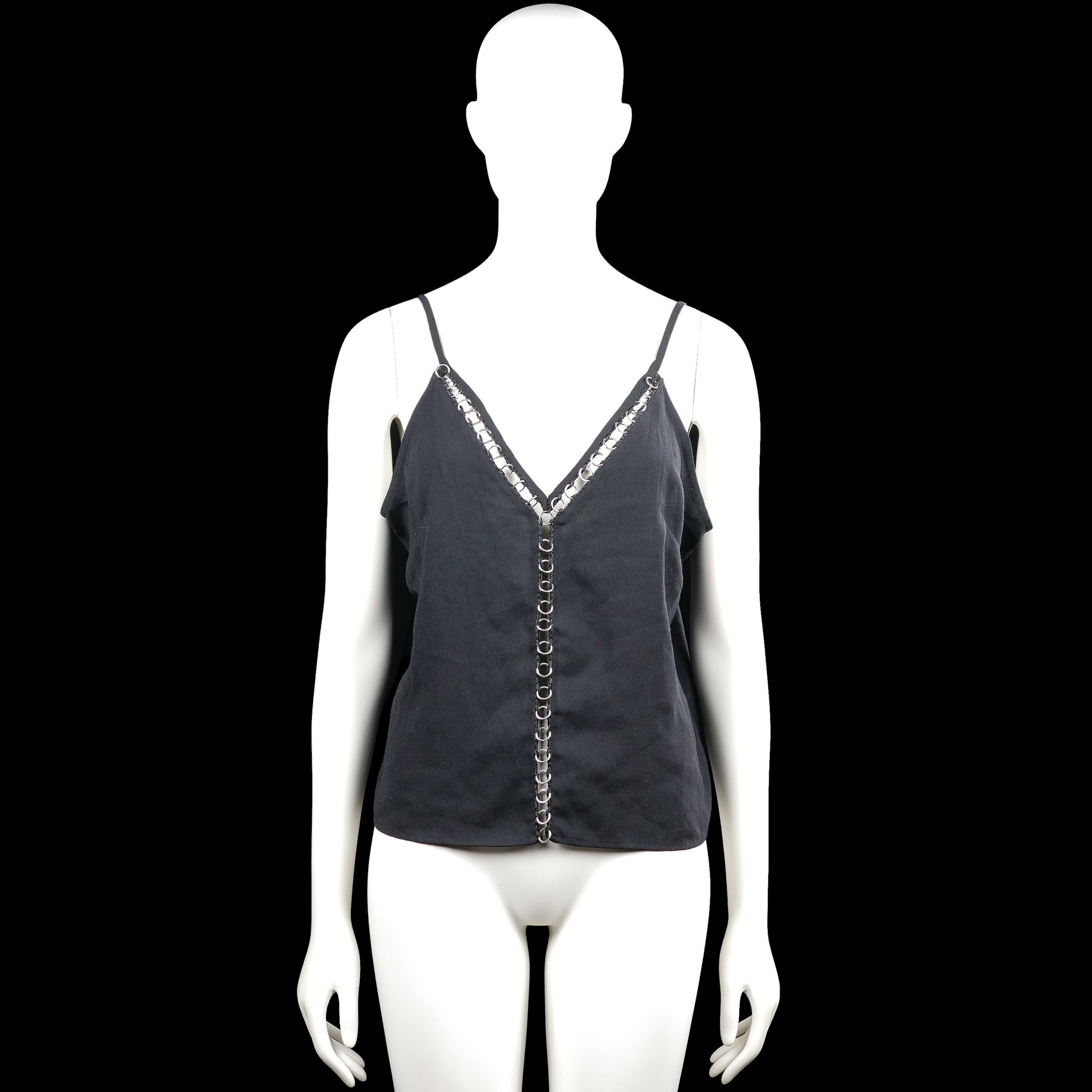 H&M - Tank top - Charcoal - Size 42 - Charcoal solid sleeveless camisole with thin shoulder straps and a V-neckline. Features metal ring trim along the neckline and center front, and an asymmetrical hem.
