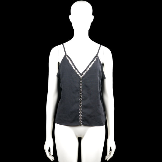 H&M - Tank top - Charcoal - Size 42 - Charcoal solid sleeveless camisole with thin shoulder straps and a V-neckline. Features metal ring trim along the neckline and center front, and an asymmetrical hem.