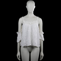 Amisu - Blouse - White - Size S - White solid top with thin shoulder straps and a scoop neckline with lace trim. Features off-shoulder three-quarter sleeves with elastic cuffs and a straight hem.