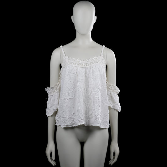 Amisu - Blouse - White - Size S - White solid top with thin shoulder straps and a scoop neckline with lace trim. Features off-shoulder three-quarter sleeves with elastic cuffs and a straight hem.