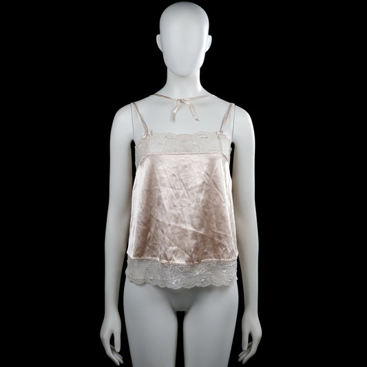 Tank top - Ivory & Beige - Size S - Ivory and beige sleeveless camisole with thin shoulder straps and a tie at the neckline. Features lace trim at the bust and a lace panel at the straight hem.
