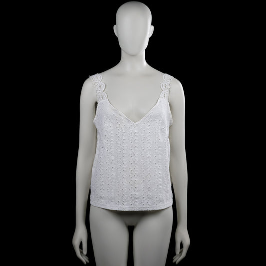 Shein - Tank top - White - Size M - White sleeveless top with a V-neck and wide lace shoulder straps. Features an eyelet texture and a straight hem.