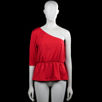 Bikbok - Long-sleeve top - Red - Size L - Red solid one-shoulder top with one three-quarter sleeve and a plain cuff. Features an elastic waist and a straight hem.