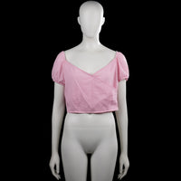 Quzu - Blouse - Pink & White - Size 38 - Pink and white striped cropped top with a squared neckline and short puff sleeves with elastic cuffs. Straight hem with a visible side zipper.