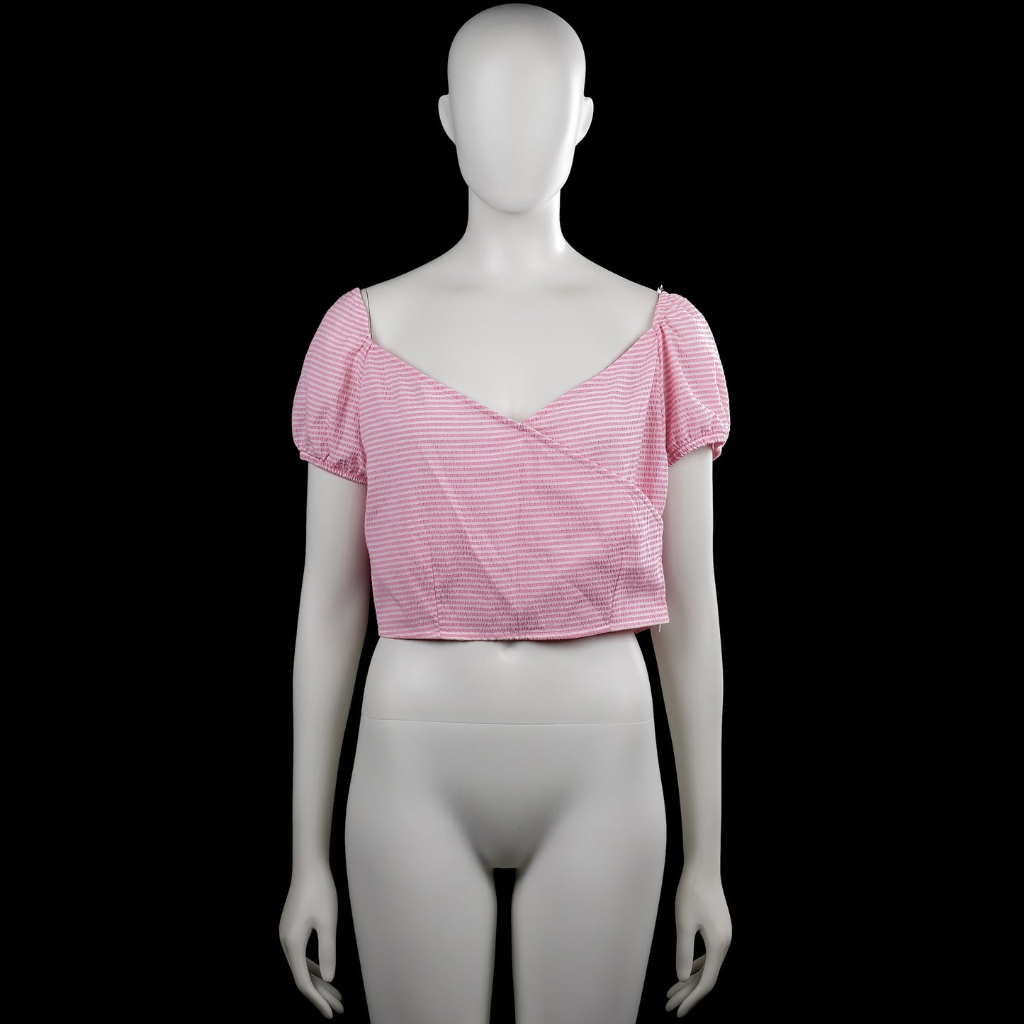 Quzu - Blouse - Pink & White - Size 38 - Pink and white striped cropped top with a squared neckline and short puff sleeves with elastic cuffs. Straight hem with a visible side zipper.