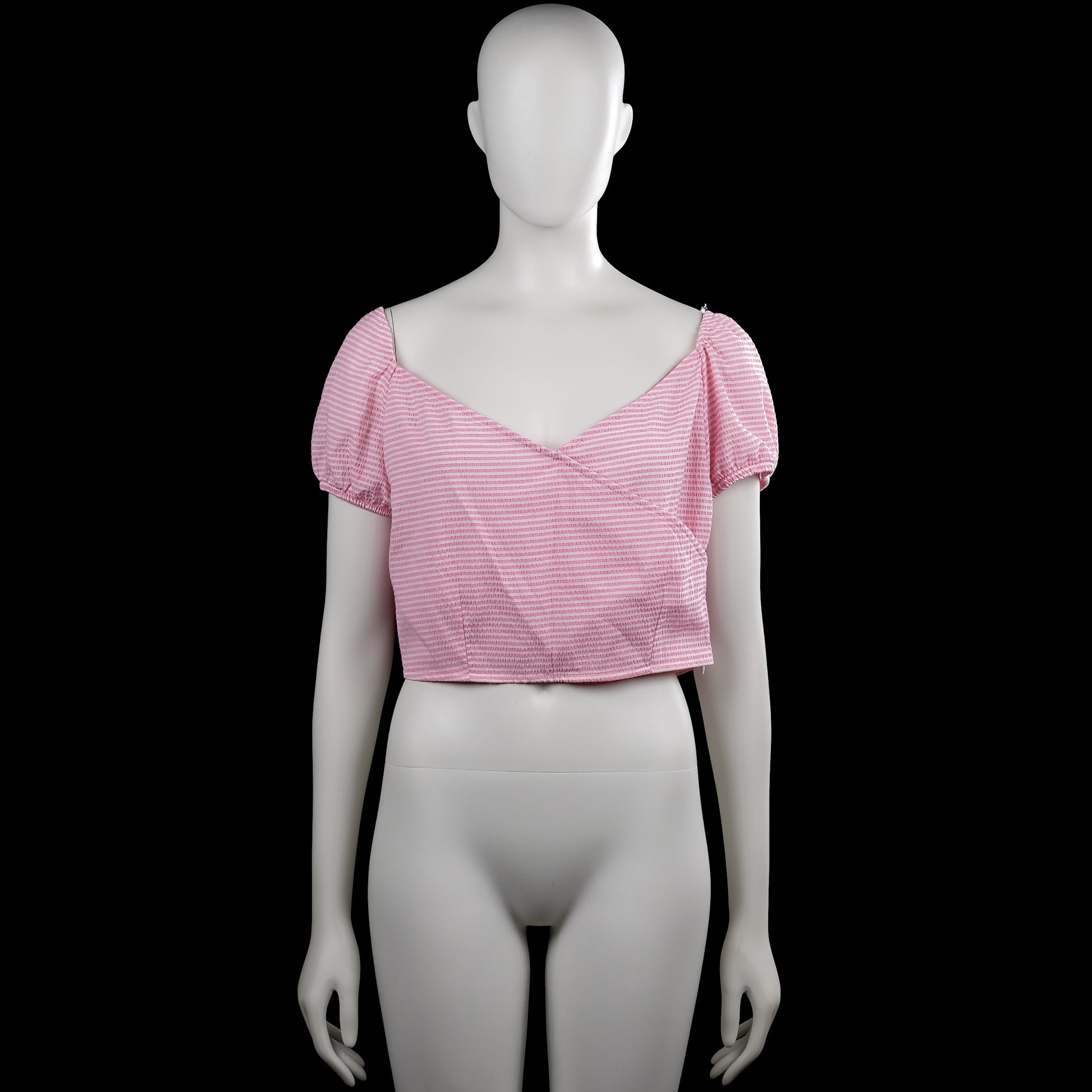 Quzu - Blouse - Pink & White - Size 38 - Pink and white striped cropped top with a squared neckline and short puff sleeves with elastic cuffs. Straight hem with a visible side zipper.