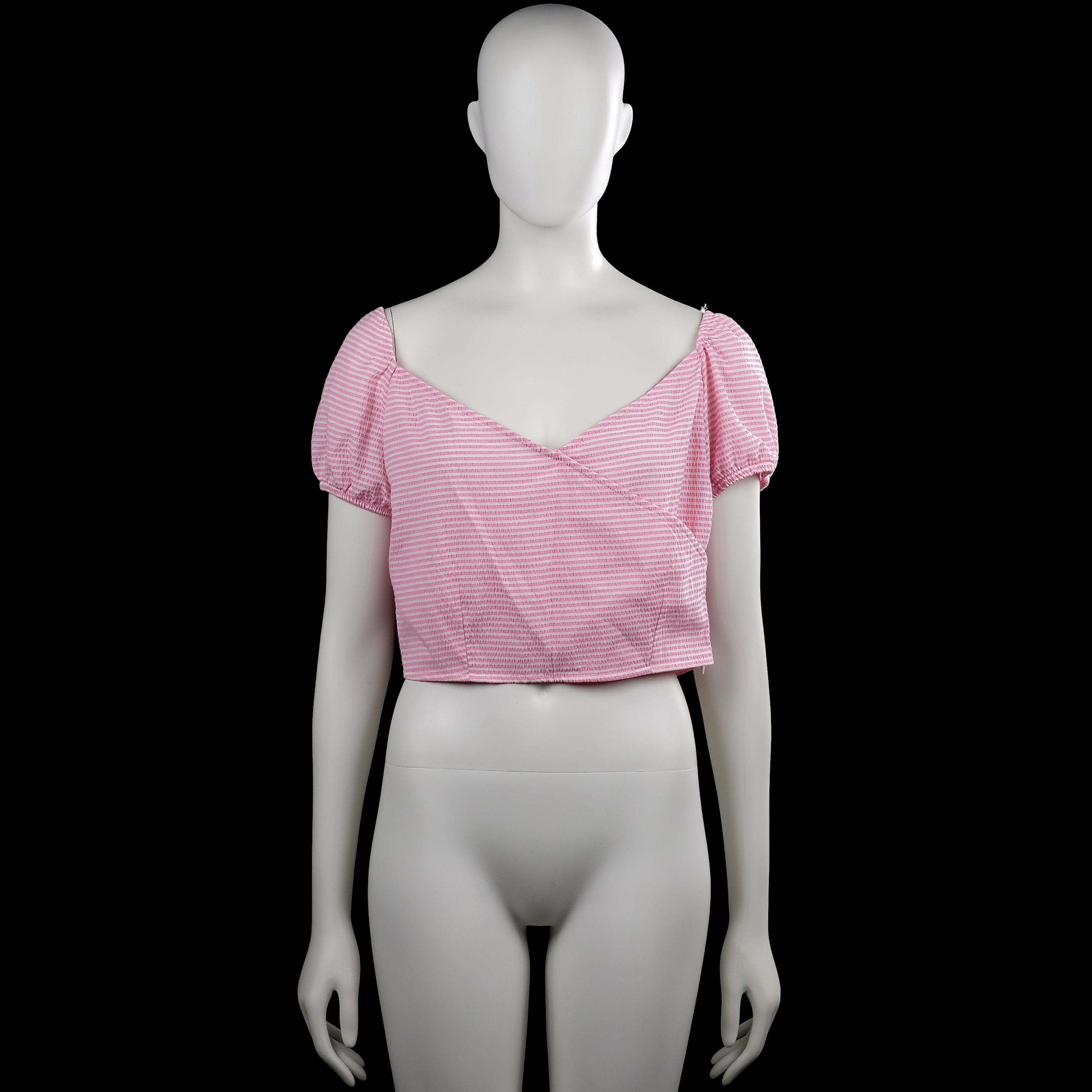 Quzu - Blouse - Pink & White - Size 38 - Pink and white striped cropped top with a squared neckline and short puff sleeves with elastic cuffs. Straight hem with a visible side zipper.