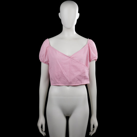 Quzu - Blouse - Pink & White - Size 38 - Pink and white striped cropped top with a squared neckline and short puff sleeves with elastic cuffs. Straight hem with a visible side zipper.